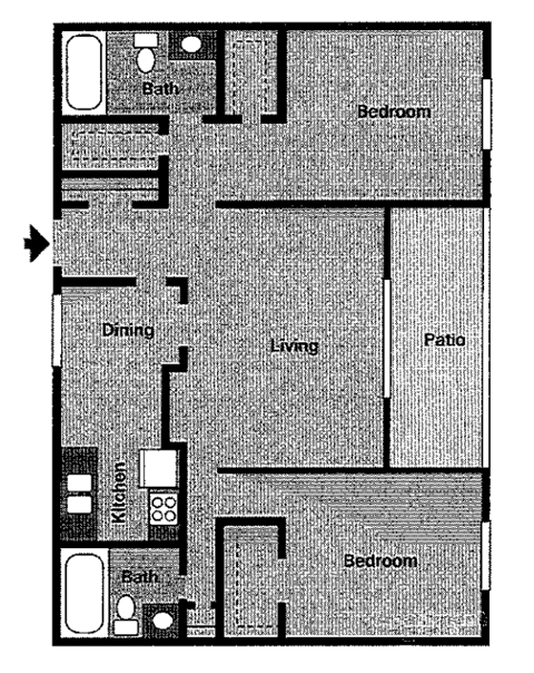 A floor plan of a house with a living room, dining room, kitchen, and two bedrooms.